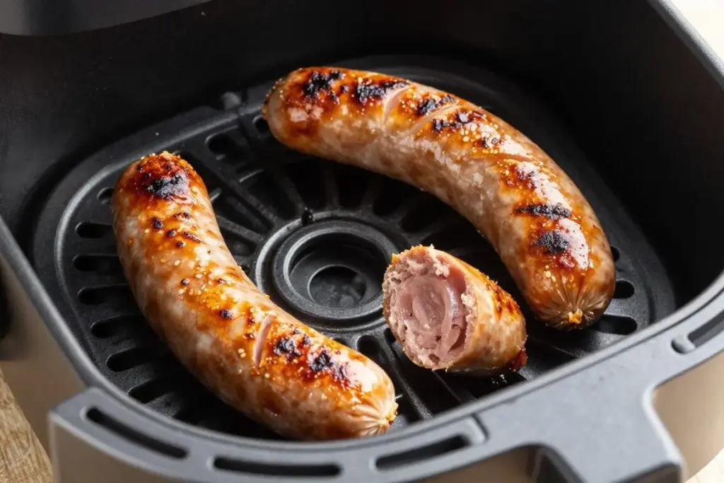 Perfectly cooked sausages with crispy exterior in air fryer