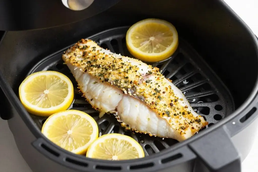 Perfectly cooked tilapia fillets with herbs and lemon in air fryer