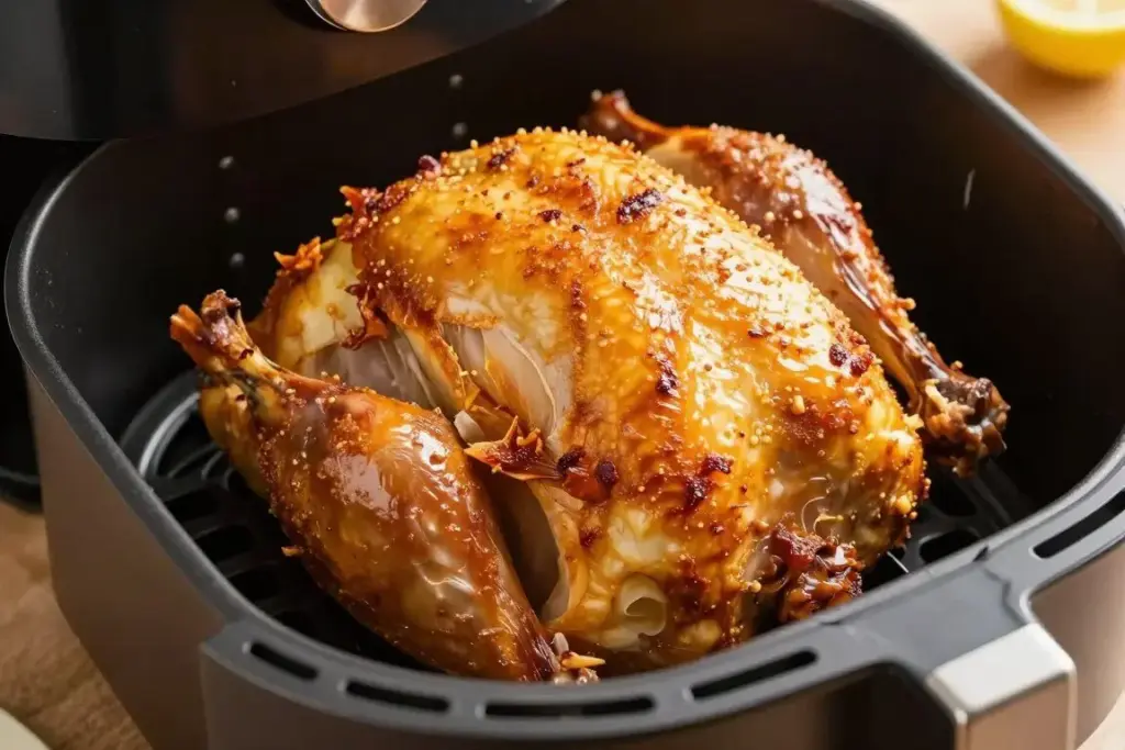 Perfectly roasted whole chicken with crispy skin in air fryer