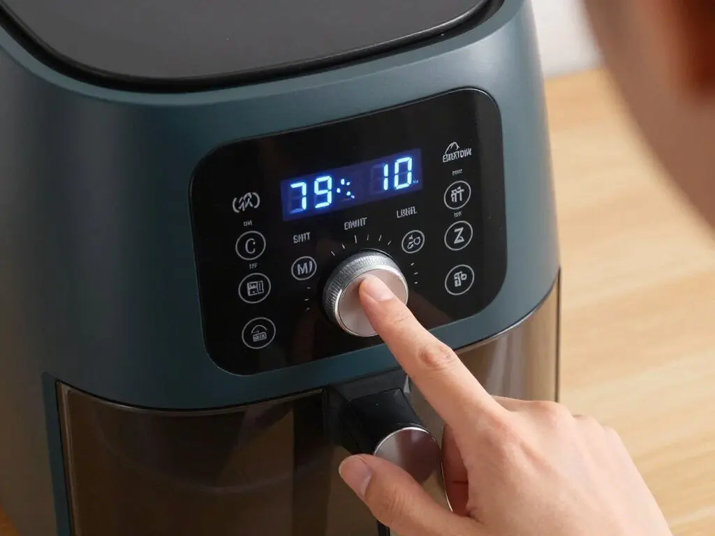Person adjusting digital controls on an air fryer