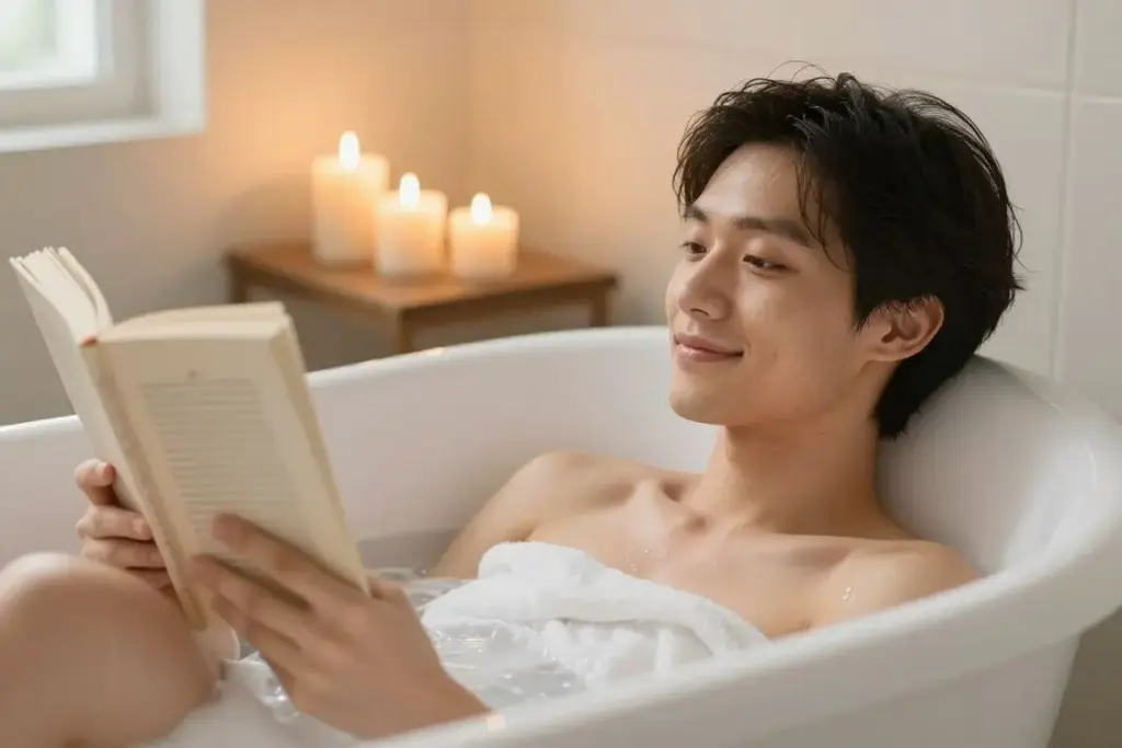 Person enjoying a relaxing bath with candles