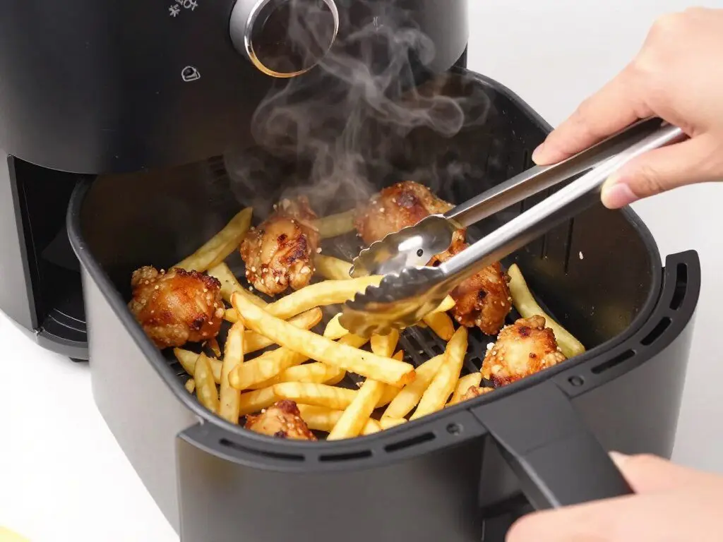 Person shaking an air fryer basket halfway through cooking time