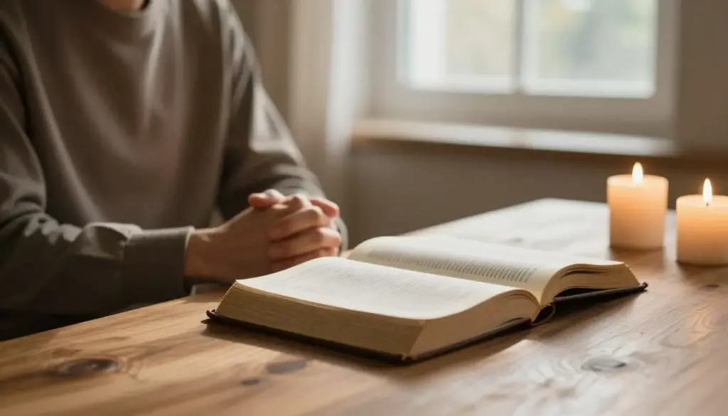Person sitting in quiet prayer during Lent season with candles and open Bible