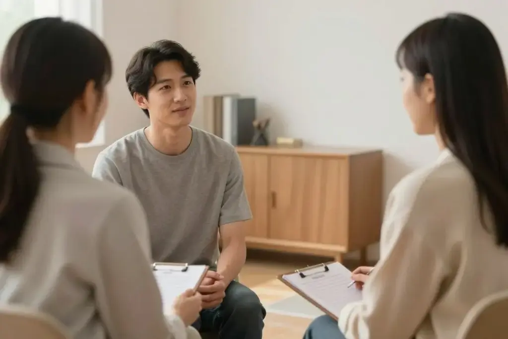 Person sitting with a therapist in a supportive session