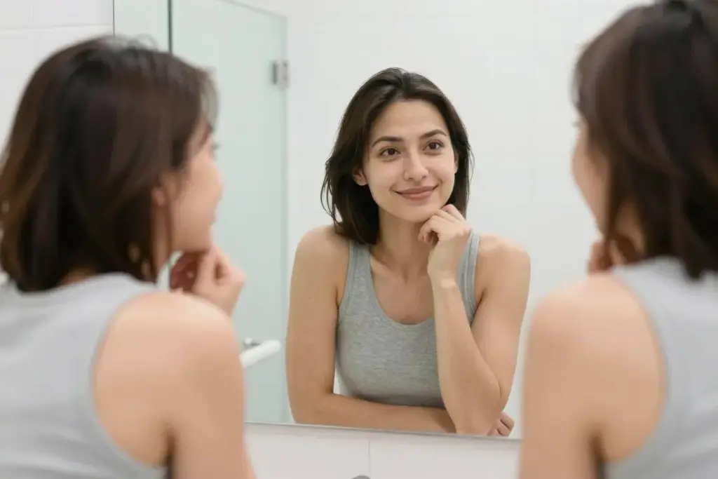 Person standing confidently in front of a mirror