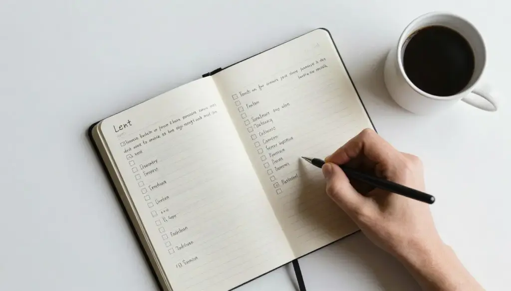 Person tracking Lent prayers and sacrifice progress with journal