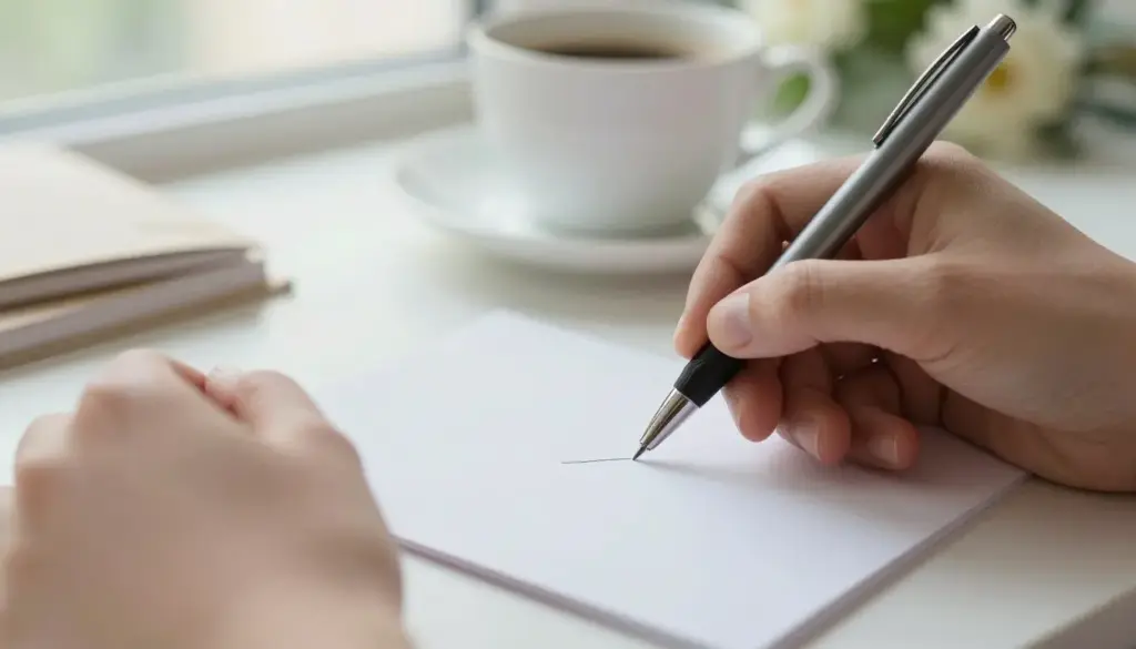 Person writing Mother's Day messages in a greeting card