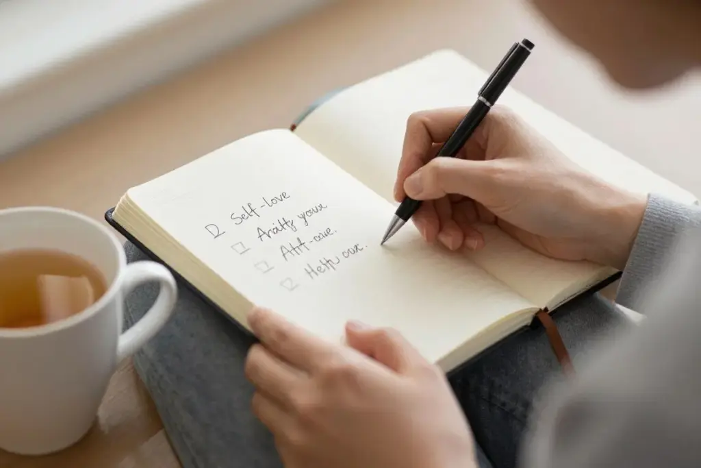 Person writing positive affirmations in a journal