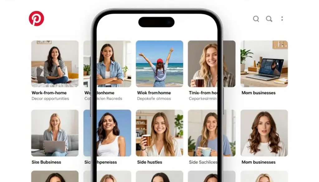 Pinterest app interface showing home feed with various pins about making money from home