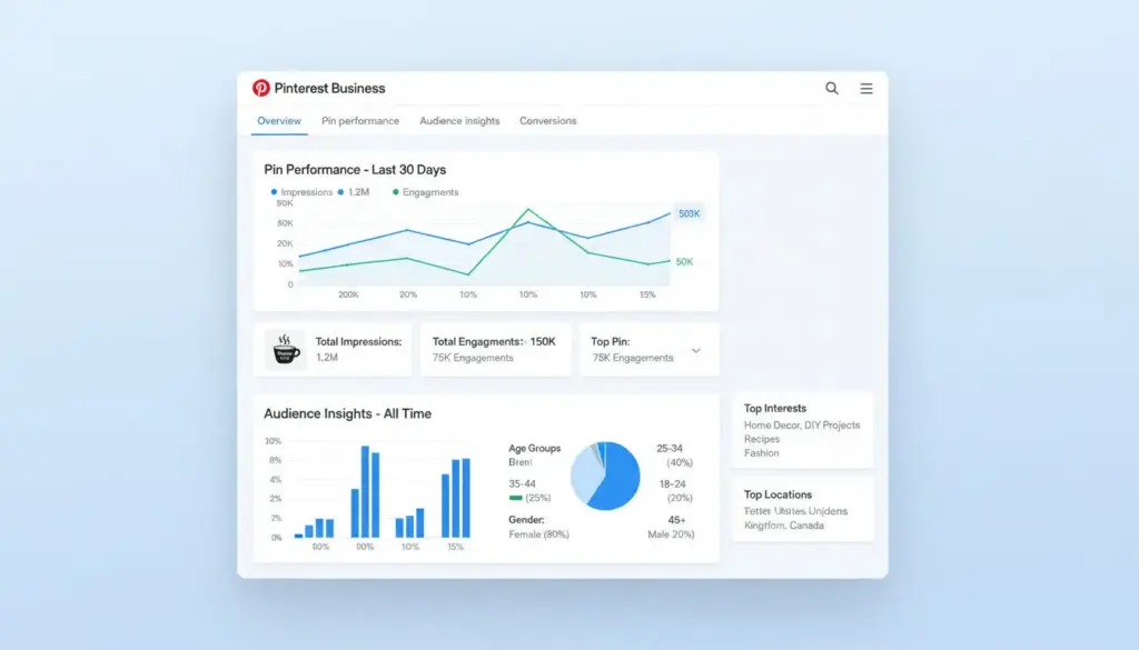 Pinterest business account dashboard showing analytics and insights