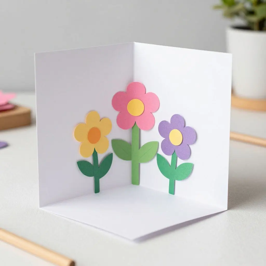 Pop-up card showing colorful paper flowers springing from inside