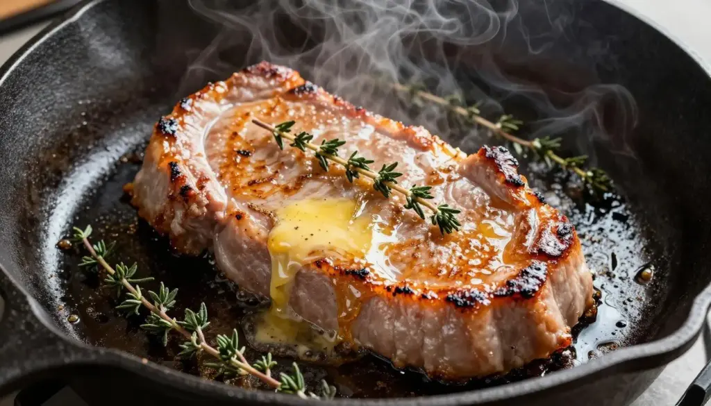 Pork chops searing in a cast iron skillet with butter and herbs