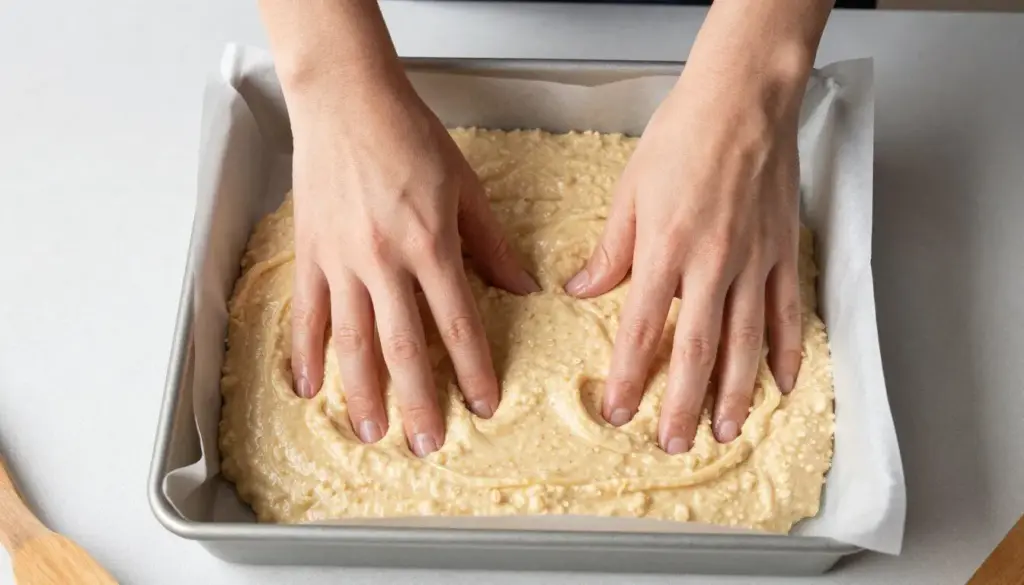 Pressing oatmeal mixture into baking pan