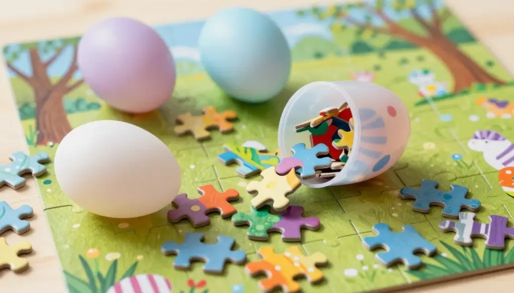 Puzzle pieces hidden inside plastic Easter eggs creating a treasure hunt game Puzzle pieces hidden inside plastic Easter eggs creating a treasure hunt game