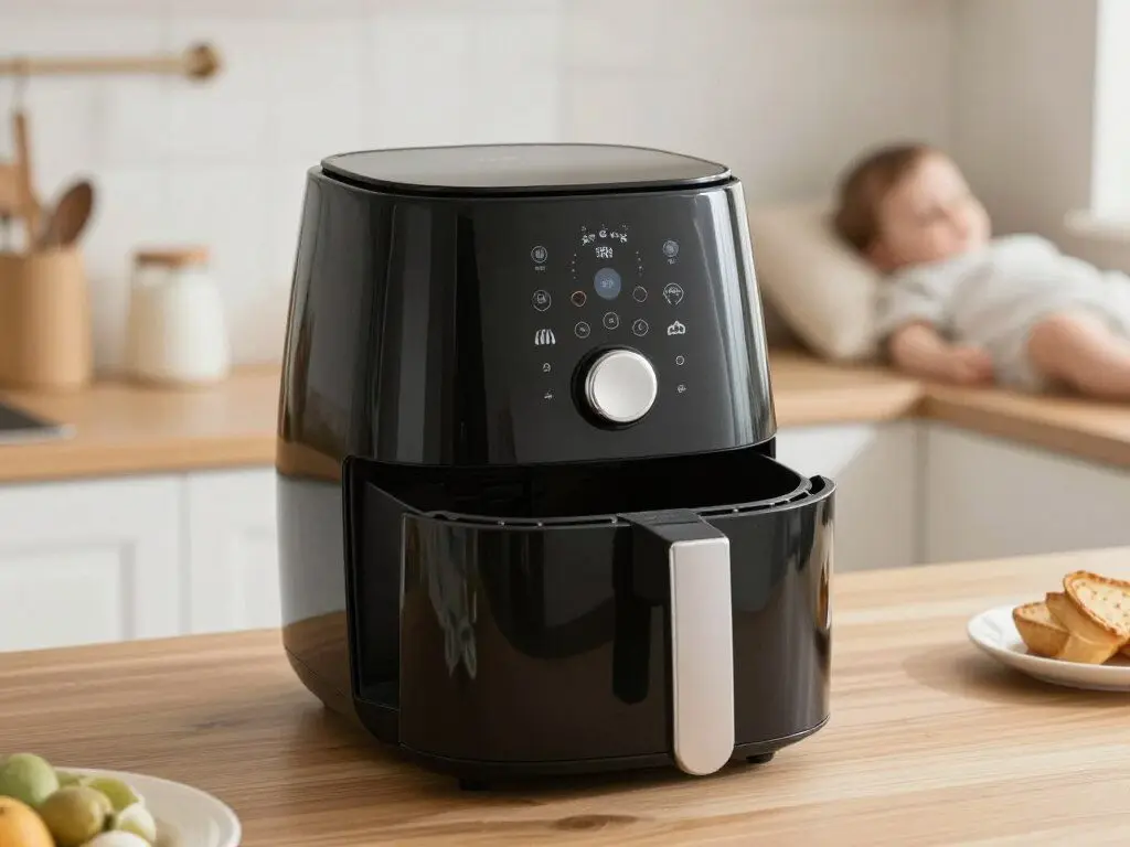 Quiet air fryer operating in a peaceful kitchen setting