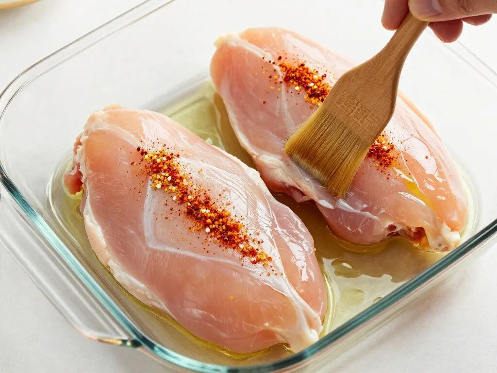 Raw chicken breasts being seasoned with spices and olive oil in a glass baking dish