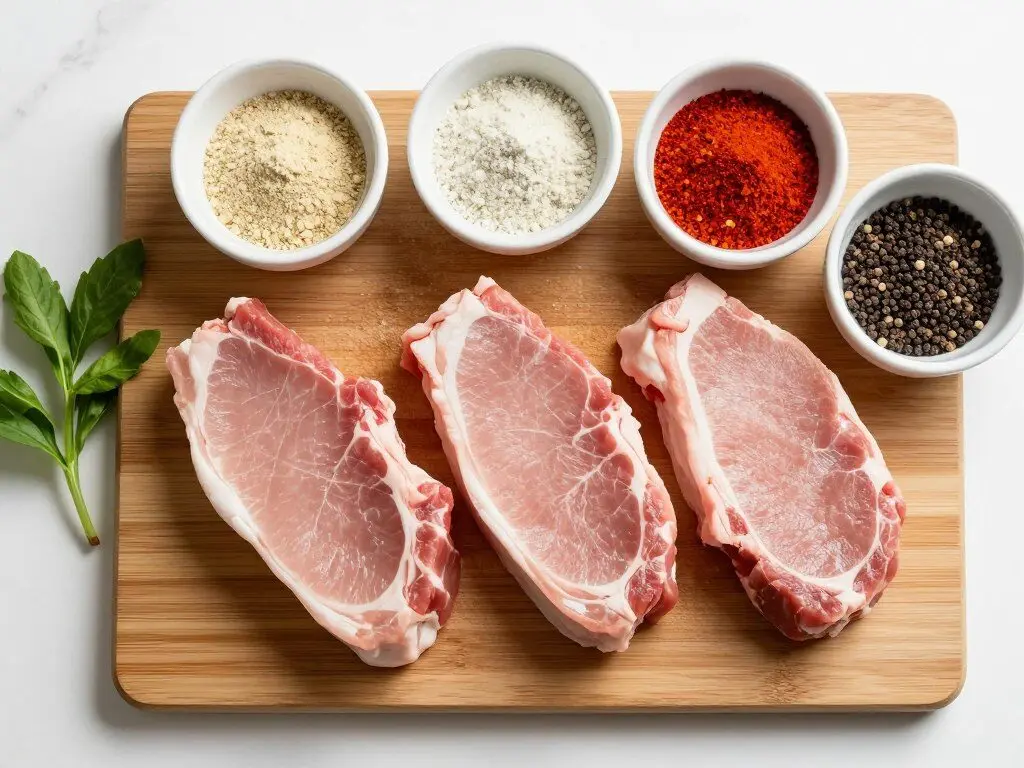 Raw pork chops with seasoning ingredients on a cutting board
