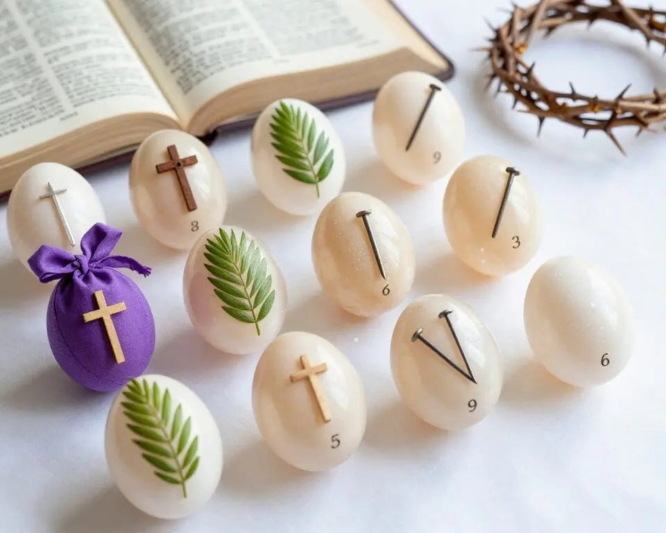 Religious Easter symbols inside eggs for Christian Easter story Religious Easter symbols inside eggs for Christian Easter story