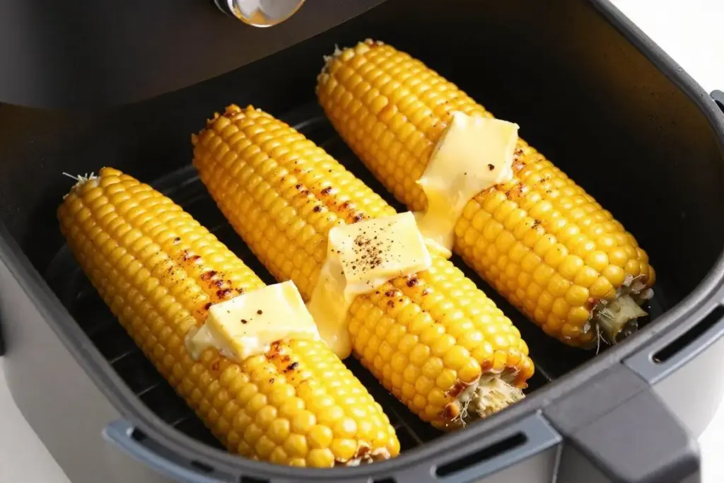 Roasted corn on the cob with butter and seasonings in air fryer