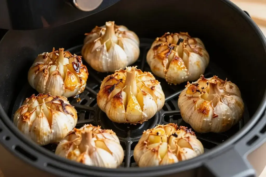 Roasted garlic bulbs with caramelized cloves in air fryer