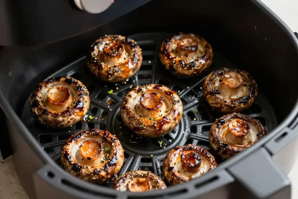 Roasted mushrooms with caramelized edges in air fryer