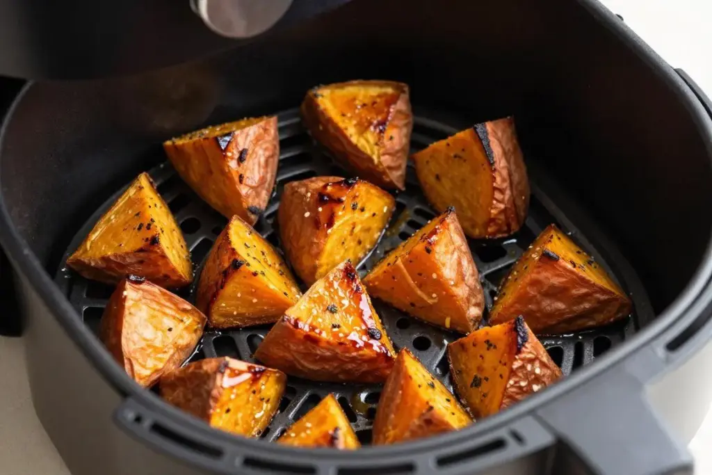 Roasted sweet potato cubes with caramelized edges in air fryer