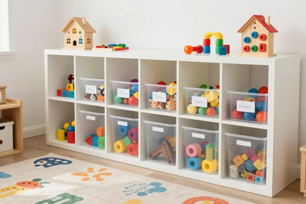 Rotated toy storage system with labeled bins on shelves