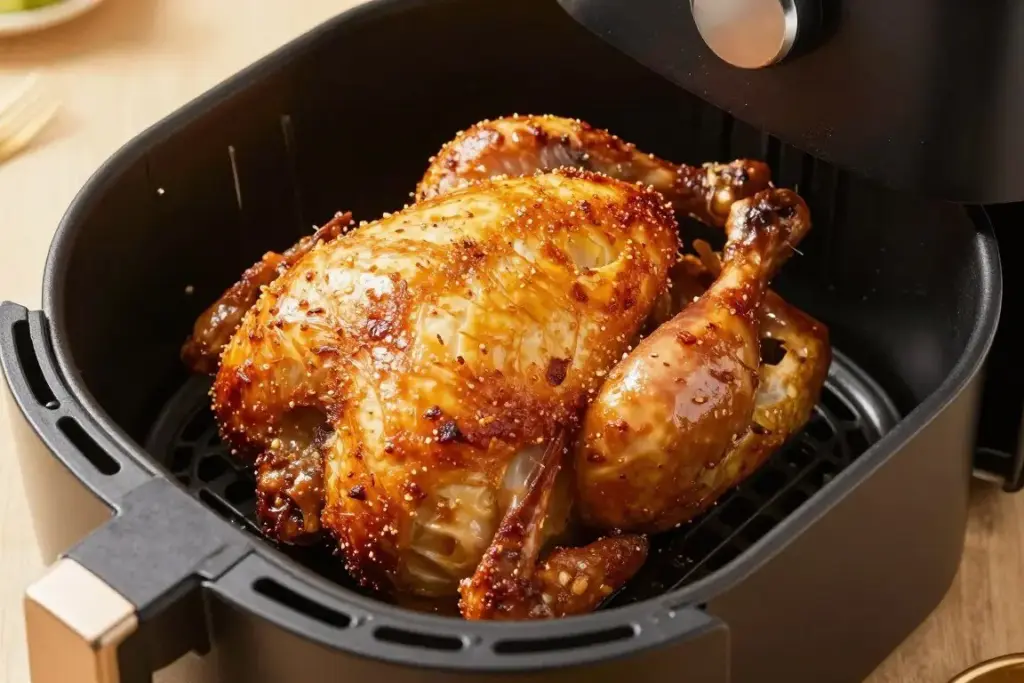 Rotisserie-style chicken with crispy skin in air fryer