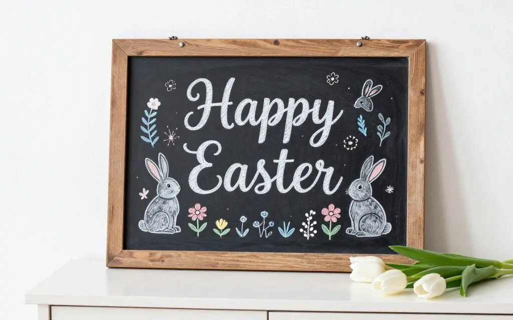 Rustic wooden chalkboard with Easter greeting written in chalk with decorative elements