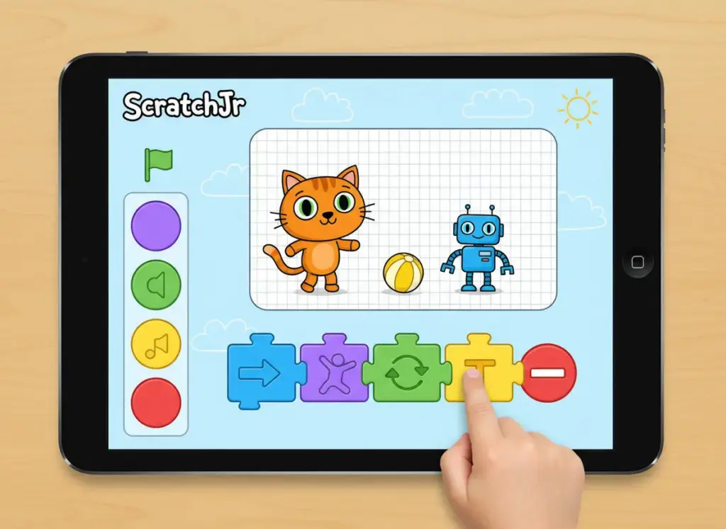 ScratchJr coding interface with programming blocks for kids