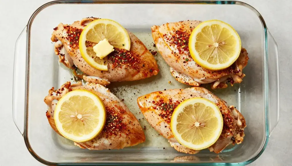 Seasoned raw chicken breasts in baking dish ready for the oven