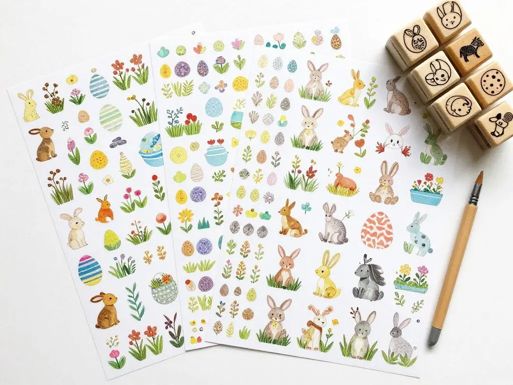 Sheets of stickers and small rubber stamps for Easter crafts