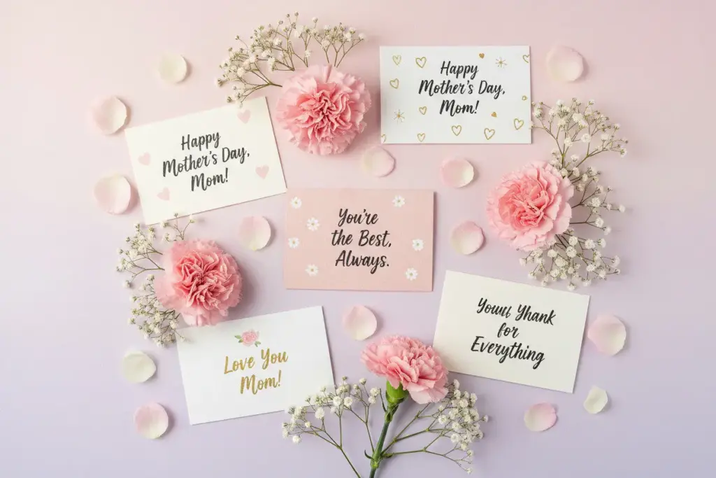 Short Mother's Day messages written on small cards with flowers