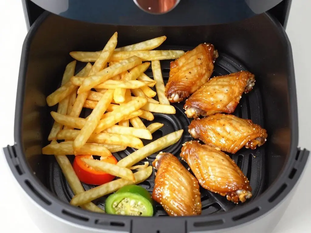 Simple foods being prepared in an air fryer basket including fries and chicken wings