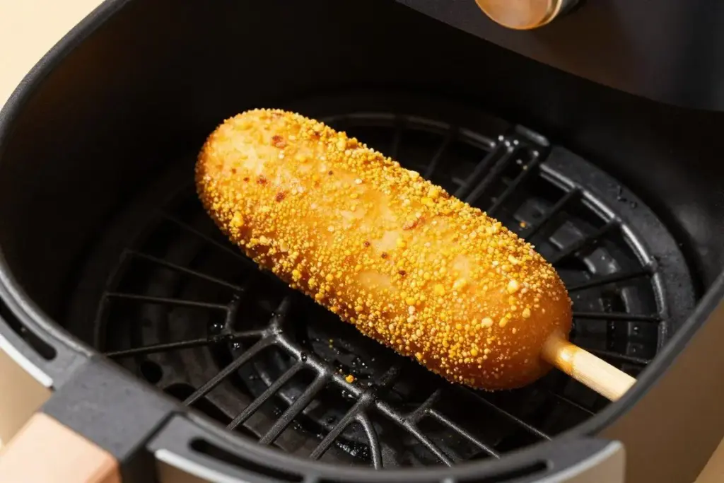Single crispy corn dog with perfect coating in air fryer