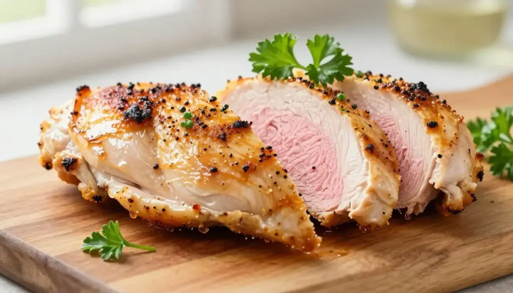 Sliced baked chicken breast showing juicy interior with golden exterior
