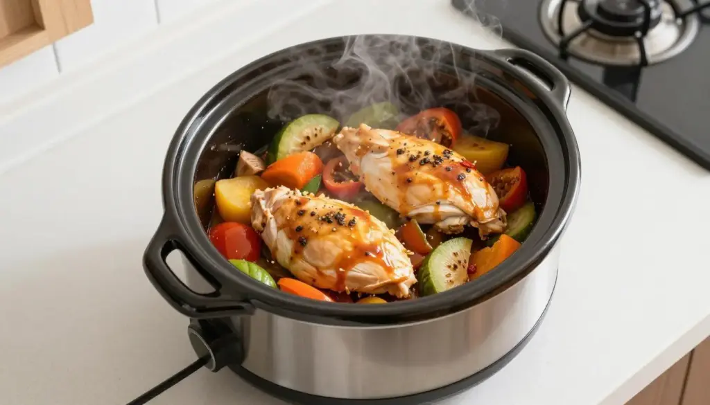 Slow cooker with chicken and vegetables for freezer meal prep