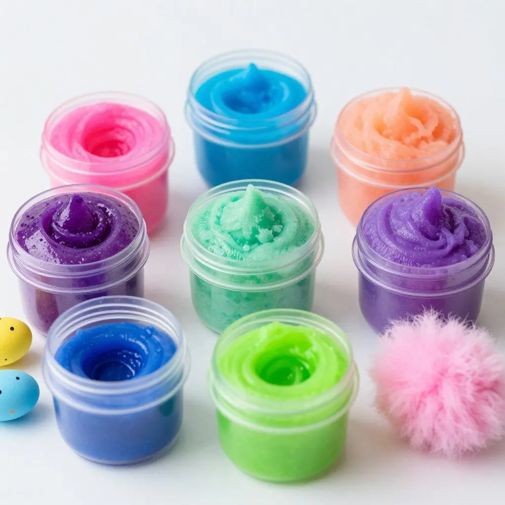 Small containers of colorful slime in various textures for sensory play