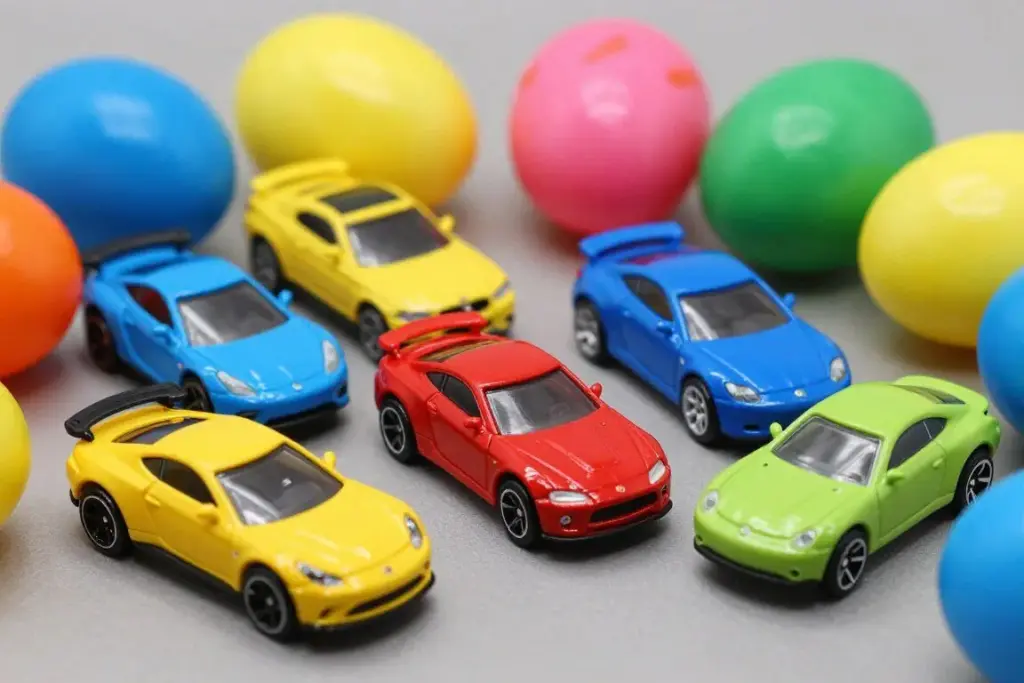 Small toy cars and Hot Wheels vehicles next to colorful Easter eggs