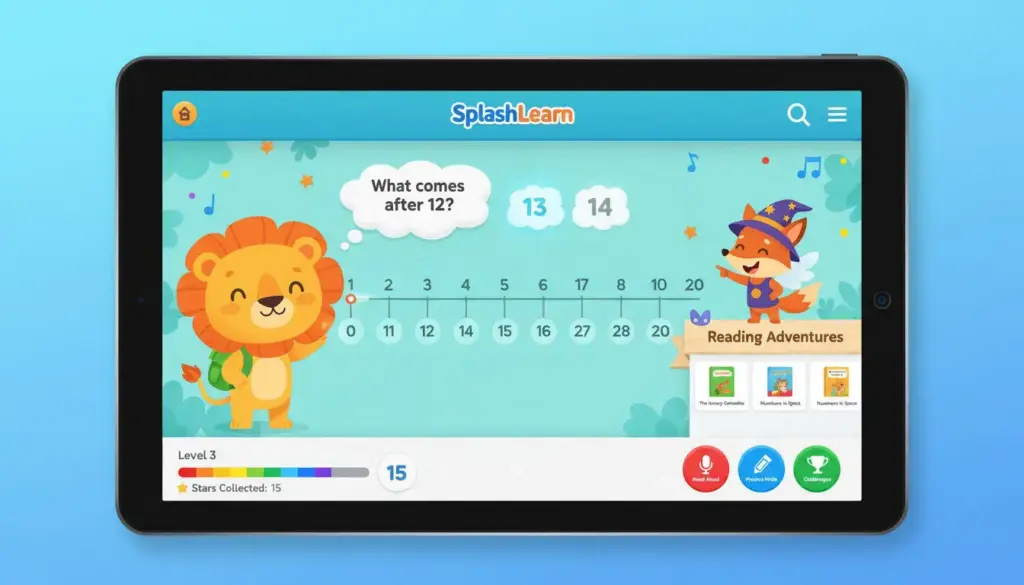 SplashLearn interface showing math games and reading activities