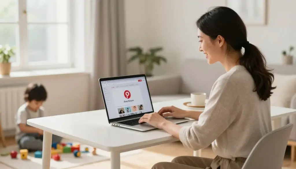 Stay-at-home mom working on laptop with Pinterest open while child plays nearby