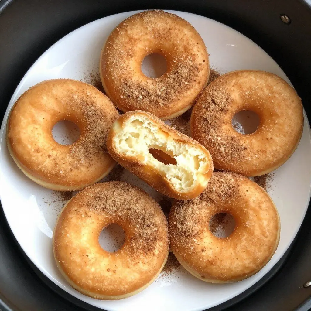 Sugar-coated air fryer donuts on a plate