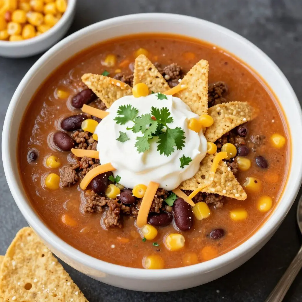 Taco soup with colorful toppings