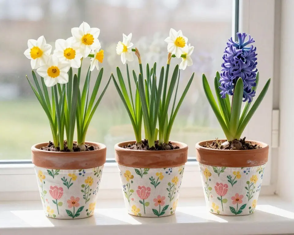 Terracotta plant pots wrapped with spring-patterned fabric containing flowering bulbs