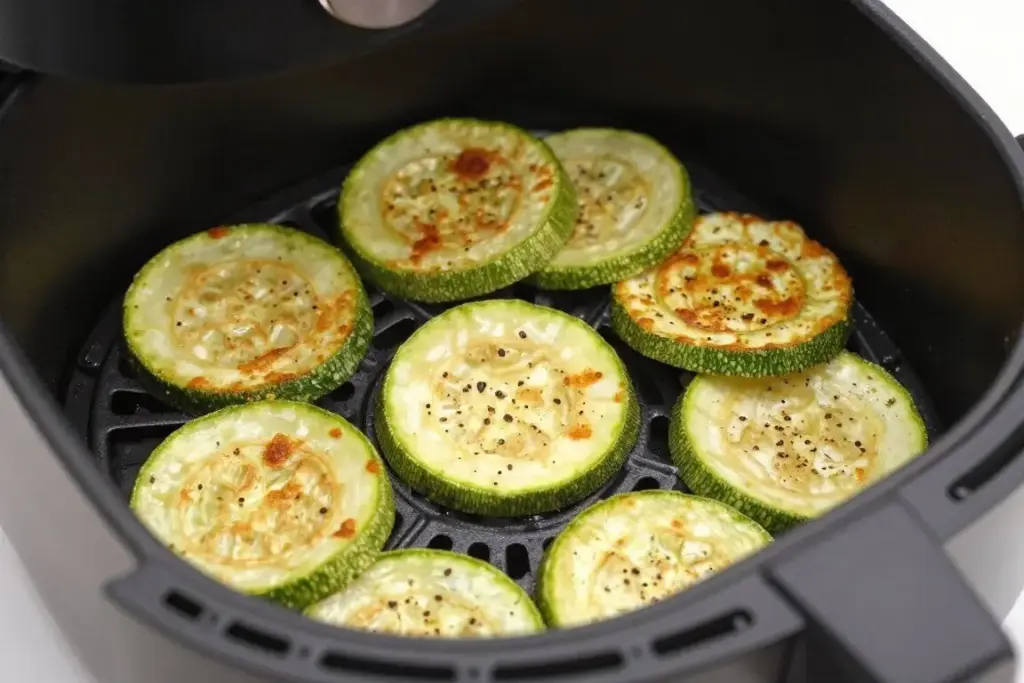 Thin crispy zucchini chips with seasonings in air fryer