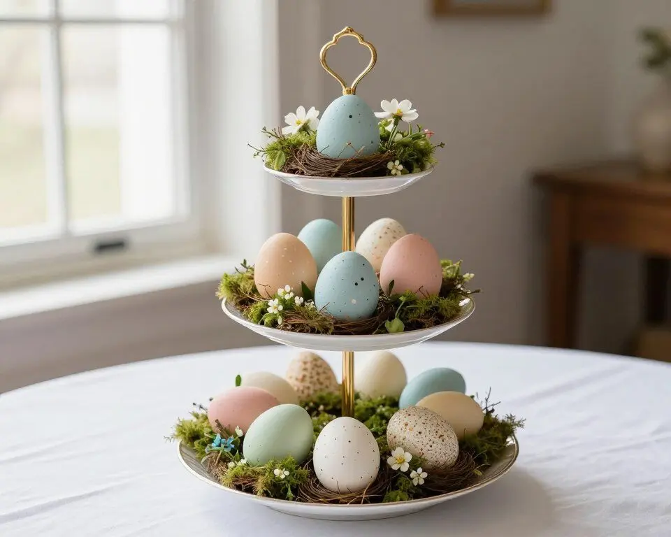Three-tiered serving stand displaying decorated Easter eggs with moss and small nests