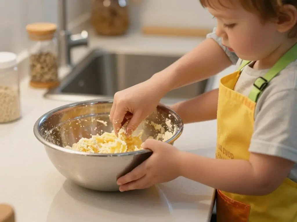 Toddler helping make oatmeal bars with parent