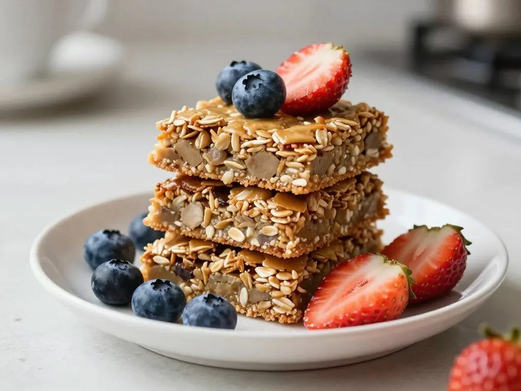 Toddler oatmeal bars recipe stacked on a plate with fresh berries
