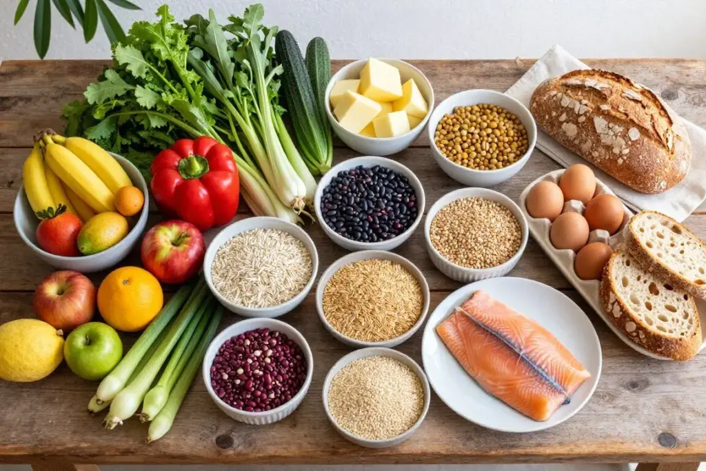 Variety of Lent-appropriate foods including fish, vegetables, fruits, and grains displayed attractively