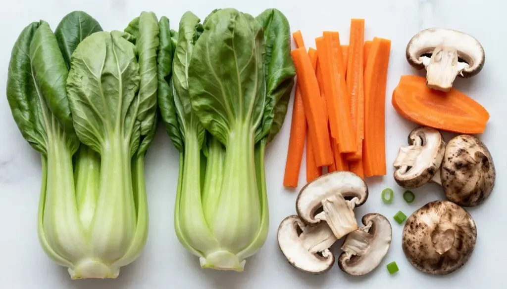 Variety of fresh vegetables including bok choy, carrots, mushrooms, and green onions prepared for ginger garlic chicken noodle soup